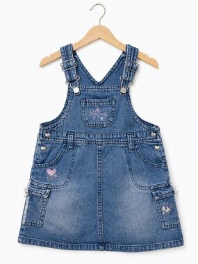 Vintage 90s George Winter Fairy Embroidered Cargo Denim Jumper Dress 24M